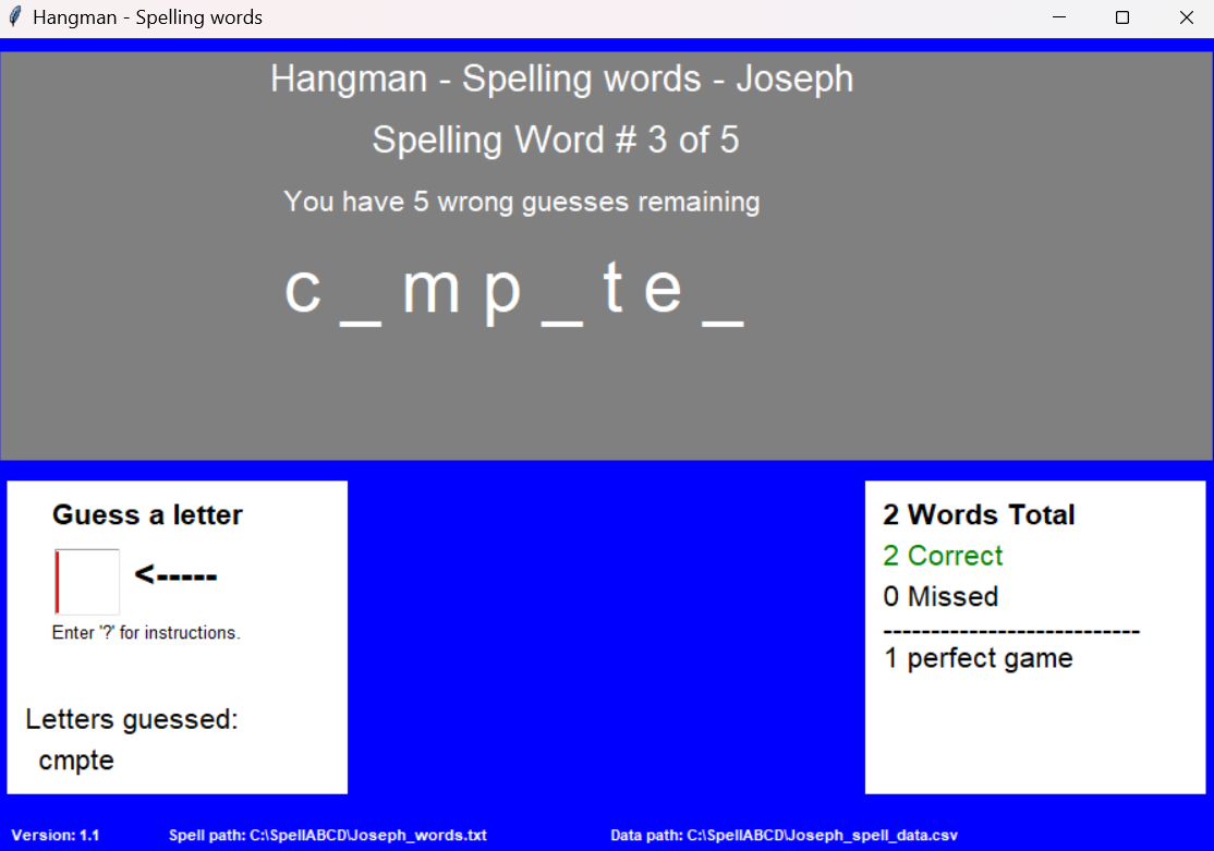 Screenshot of the Spelling Words game