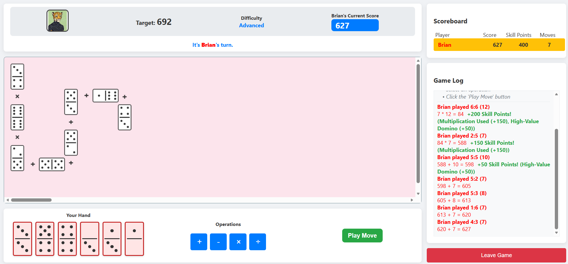 Screenshot of the Domino Math Chain game in action